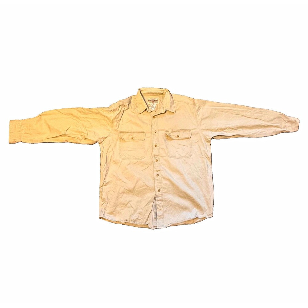 VTG Wrangler Rugged Wear LS Shirt Mens XL Beige Long Sleeve Cotton 17-17 1/2